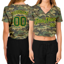 Load image into Gallery viewer, Custom Women's Camo Green-Gold Salute To Service V-Neck Cropped Baseball Jersey