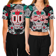 Load image into Gallery viewer, Custom Women's Graffiti Pattern White-Red Skull Fashion 3D V-Neck Cropped Baseball Jersey