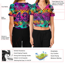 Load image into Gallery viewer, Custom Women's Graffiti Pattern Purple-Pink Bright Neon Colors 3D V-Neck Cropped Baseball Jersey