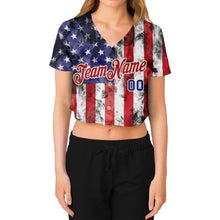 Load image into Gallery viewer, Custom Women's White Royal-Red American Flag Fashion 3D V-Neck Cropped Baseball Jersey
