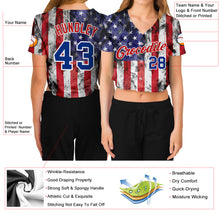 Load image into Gallery viewer, Custom Women's White Royal-Red American Flag Fashion 3D V-Neck Cropped Baseball Jersey