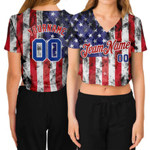Load image into Gallery viewer, Custom Women's White Royal-Red American Flag Fashion 3D V-Neck Cropped Baseball Jersey