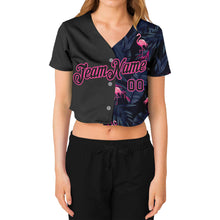 Load image into Gallery viewer, Custom Women's Black Black-Pink Flamingo 3D V-Neck Cropped Baseball Jersey