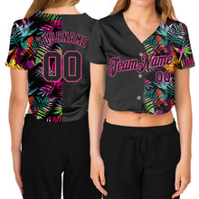 Load image into Gallery viewer, Custom Women's Black Black-Pink Tropical Palm Leaves 3D V-Neck Cropped Baseball Jersey