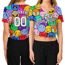 Load image into Gallery viewer, Custom Women's Colorful White-Black Emoji 3D V-Neck Cropped Baseball Jersey