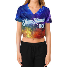 Load image into Gallery viewer, Custom Women's Galactic White-Light Blue 3D V-Neck Cropped Baseball Jersey