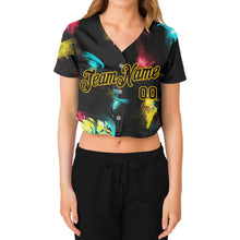 Load image into Gallery viewer, Custom Women's Graffiti Pattern Black-Gold 3D V-Neck Cropped Baseball Jersey