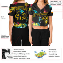 Load image into Gallery viewer, Custom Women's Graffiti Pattern Black-Gold 3D V-Neck Cropped Baseball Jersey