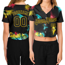 Load image into Gallery viewer, Custom Women's Graffiti Pattern Black-Gold 3D V-Neck Cropped Baseball Jersey