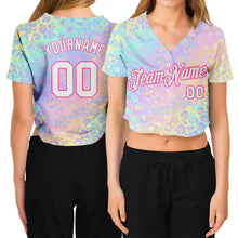 Load image into Gallery viewer, Custom Women's Pink White Leopard 3D V-Neck Cropped Baseball Jersey