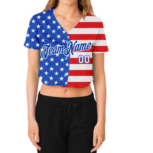 Load image into Gallery viewer, Custom Women's Royal White-Red American Flag Fashion 3D V-Neck Cropped Baseball Jersey