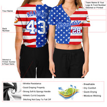 Load image into Gallery viewer, Custom Women's Royal White-Red American Flag Fashion 3D V-Neck Cropped Baseball Jersey