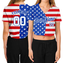Load image into Gallery viewer, Custom Women's Royal White-Red American Flag Fashion 3D V-Neck Cropped Baseball Jersey