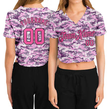 Load image into Gallery viewer, Custom Women's Camo Pink-Black Salute To Service V-Neck Cropped Baseball Jersey