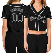 Load image into Gallery viewer, Custom Women's Black Black-White V-Neck Cropped Baseball Jersey