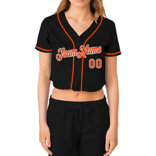 Load image into Gallery viewer, Custom Women's Black Orange-White V-Neck Cropped Baseball Jersey