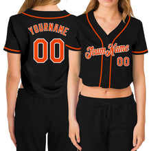 Load image into Gallery viewer, Custom Women's Black Orange-White V-Neck Cropped Baseball Jersey