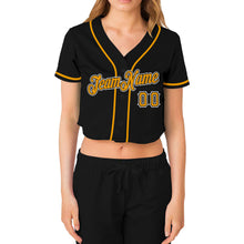 Load image into Gallery viewer, Custom Women's Black Gold-White V-Neck Cropped Baseball Jersey