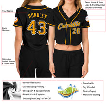Load image into Gallery viewer, Custom Women's Black Gold-White V-Neck Cropped Baseball Jersey
