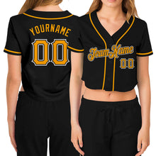 Load image into Gallery viewer, Custom Women's Black Gold-White V-Neck Cropped Baseball Jersey