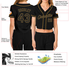 Load image into Gallery viewer, Custom Women's Black Black-Old Gold V-Neck Cropped Baseball Jersey