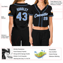 Load image into Gallery viewer, Custom Women's Black Light Blue-White V-Neck Cropped Baseball Jersey