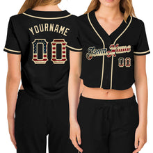 Load image into Gallery viewer, Custom Women's Black Vintage USA Flag-Cream V-Neck Cropped Baseball Jersey