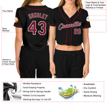 Load image into Gallery viewer, Custom Women's Black Crimson-White V-Neck Cropped Baseball Jersey