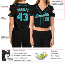 Load image into Gallery viewer, Custom Women's Black Aqua-White V-Neck Cropped Baseball Jersey