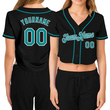 Load image into Gallery viewer, Custom Women's Black Aqua-White V-Neck Cropped Baseball Jersey