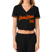 Load image into Gallery viewer, Custom Women's Black Red-Gold V-Neck Cropped Baseball Jersey