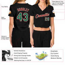 Load image into Gallery viewer, Custom Women's Black Kelly Green Red-White V-Neck Cropped Baseball Jersey