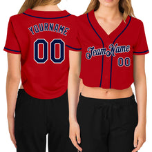 Load image into Gallery viewer, Custom Women's Red Navy-White V-Neck Cropped Baseball Jersey