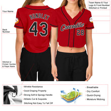 Load image into Gallery viewer, Custom Women's Red Black-White V-Neck Cropped Baseball Jersey