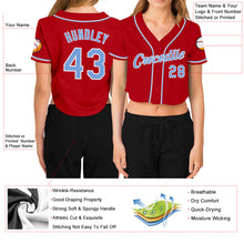 Load image into Gallery viewer, Custom Women's Red Light Blue-White V-Neck Cropped Baseball Jersey
