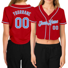 Load image into Gallery viewer, Custom Women's Red Light Blue-White V-Neck Cropped Baseball Jersey