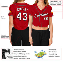 Load image into Gallery viewer, Custom Women's Red White-Black V-Neck Cropped Baseball Jersey