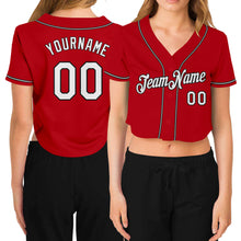 Load image into Gallery viewer, Custom Women's Red White-Black V-Neck Cropped Baseball Jersey