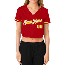 Load image into Gallery viewer, Custom Women's Red White-Gold V-Neck Cropped Baseball Jersey