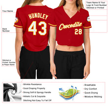 Load image into Gallery viewer, Custom Women's Red White-Gold V-Neck Cropped Baseball Jersey