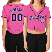 Load image into Gallery viewer, Custom Women's Pink Navy-White V-Neck Cropped Baseball Jersey