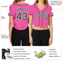 Load image into Gallery viewer, Custom Women's Pink Kelly Green-White V-Neck Cropped Baseball Jersey