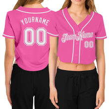 Load image into Gallery viewer, Custom Women's Pink White V-Neck Cropped Baseball Jersey