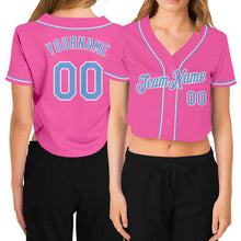Load image into Gallery viewer, Custom Women's Pink Light Blue-White V-Neck Cropped Baseball Jersey