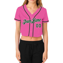 Load image into Gallery viewer, Custom Women's Pink Green-White V-Neck Cropped Baseball Jersey
