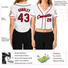 Load image into Gallery viewer, Custom Women's White Red-Navy V-Neck Cropped Baseball Jersey