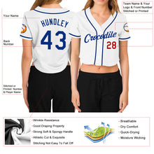 Load image into Gallery viewer, Custom Women's White Royal-Red V-Neck Cropped Baseball Jersey
