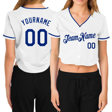 Load image into Gallery viewer, Custom Women's White Royal V-Neck Cropped Baseball Jersey