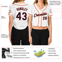 Load image into Gallery viewer, Custom Women's White Navy-Orange V-Neck Cropped Baseball Jersey