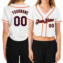 Load image into Gallery viewer, Custom Women's White Navy-Orange V-Neck Cropped Baseball Jersey